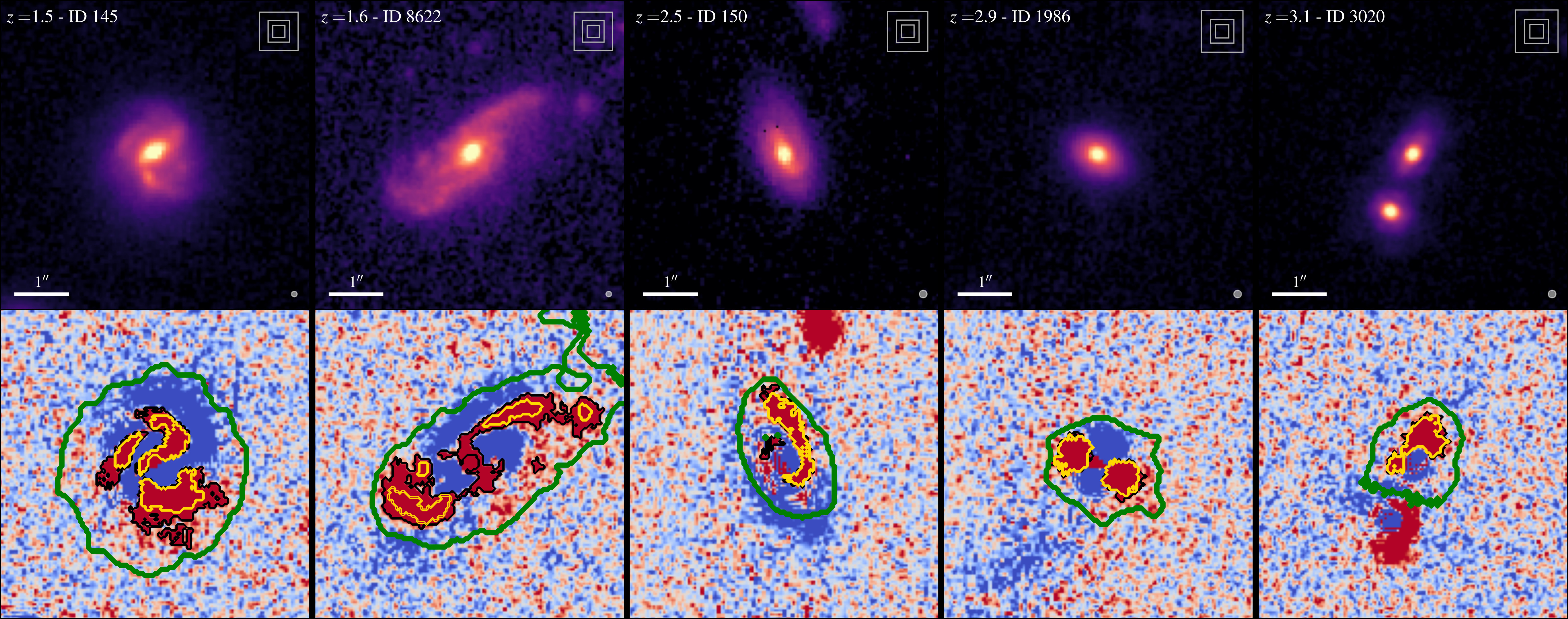 Four examples of galaxies seen with the James Webb Space Telescope on the first row, and detections of substructures using the algorithm on the second row.